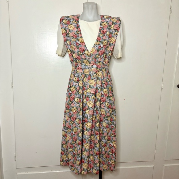 Vintage 80s Floral Cottagecore Short Sleeve Blousey A Line Midi Dress - Picture 1 of 10